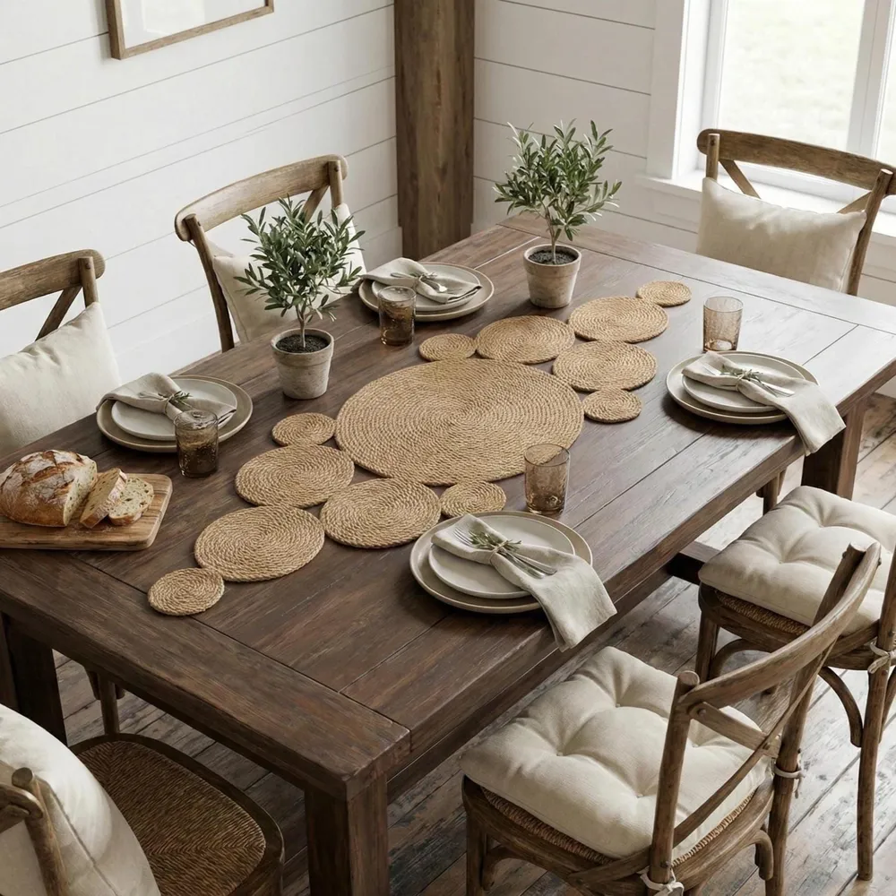 A beautifully handcrafted natural jute table runner with unique concentric circle braided patterns on a dark wood farmhouse dining table with white chairs.