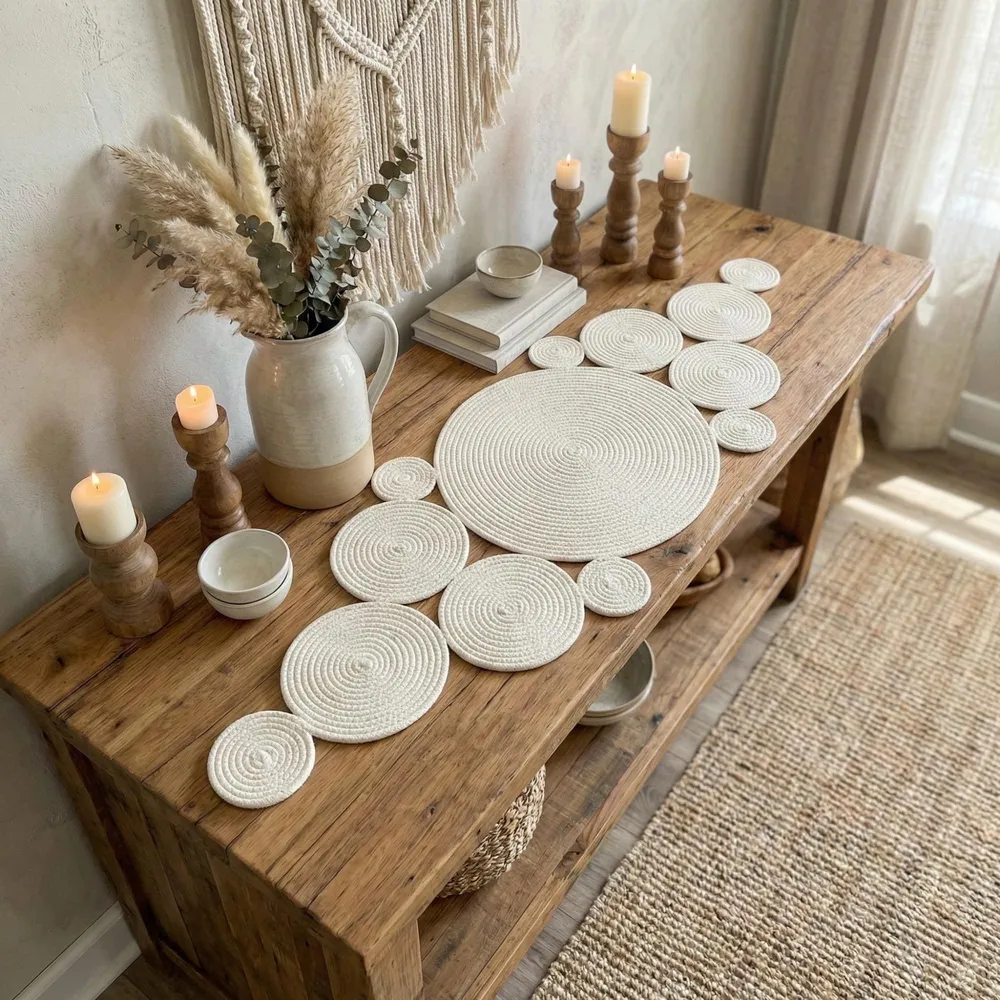 Handmade ekru cotton table runner with circular braided motifs on a rustic wood console table, styled with pampas grass and candles in a bright farmhouse setting.