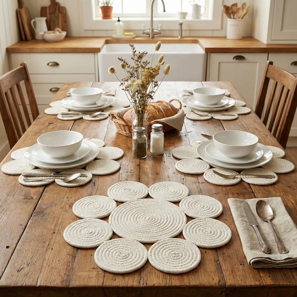 May include: A rustic wooden dining table set for a meal. The table is adorned with white ceramic bowls, plates, and silverware. Cream-colored, flower-shaped placemats and coasters are arranged around each setting. A basket of bread and a vase of dried flowers complete the scene.