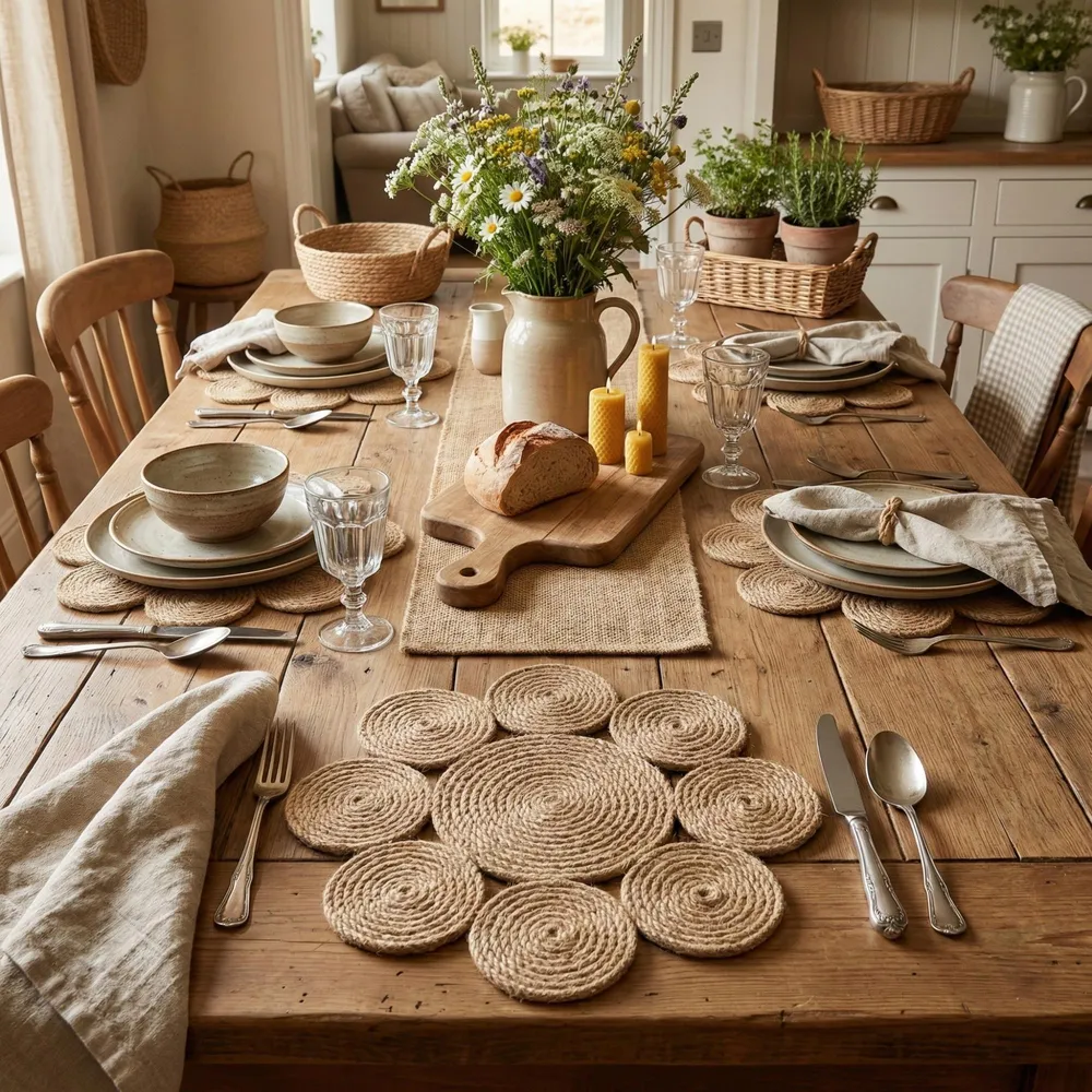 Daisy shaped jute placemats of coiled rope on a rustic farmhouse table, set with stoneware plates, linen napkins and a jug of wildflowers.