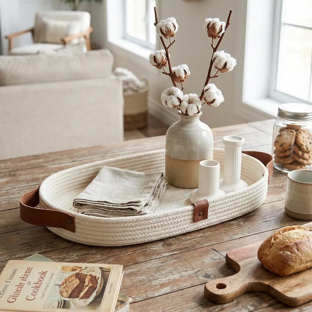 Oval cotton rope tray with leather handles on a rustic kitchen table, holding a folded linen cloth, ceramic cups and a stoneware vase of cotton stems.