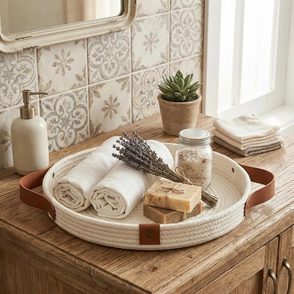 Round cotton rope basket with leather handles on a bathroom counter, holding rolled towels, soap, lavender and a small succulent.