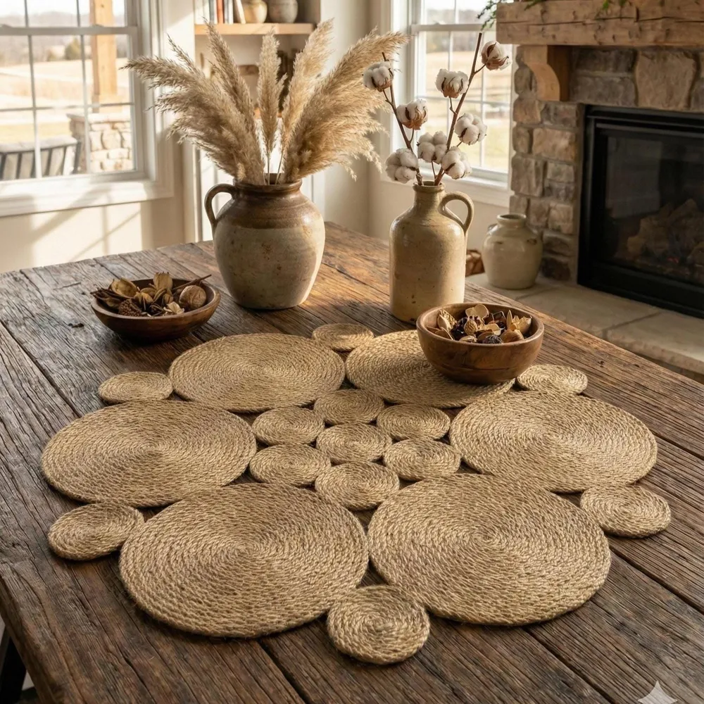 Handcrafted round natural jute table runner with a beautiful daisy-like floral geometric design, featuring a center of 7 small braided circles surrounded by larger ones. Styled on a rustic distressed dark wood dining table with vintage clay vases for a warm, earthy farmhouse look.