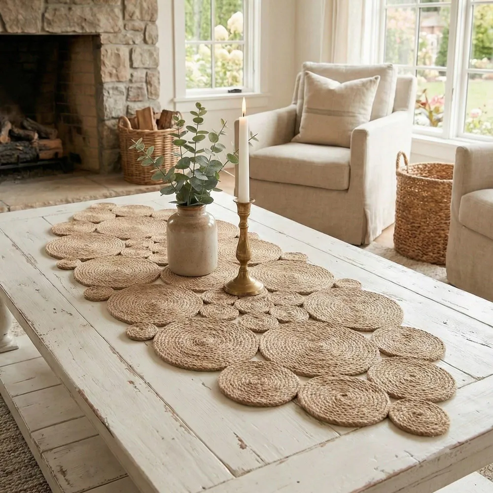 Handwoven jute circle table runner styled on a white coffee table in a bright farmhouse living room, natural woven rounds adding rustic texture to neutral decor.