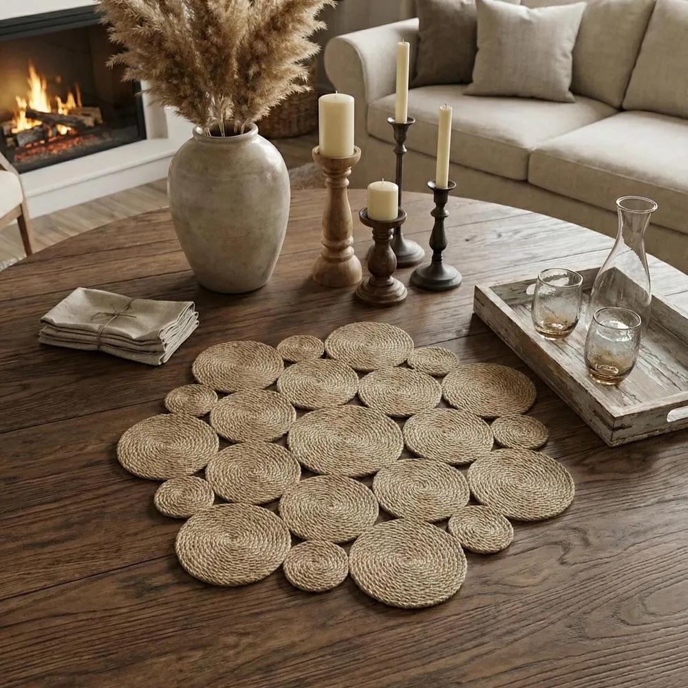 Round jute centerpiece mat of coiled discs on a dark wood coffee table with a stoneware vase of pampas grass, pillar candles on wooden holders and a linen napkin stack by a lit fireplace
