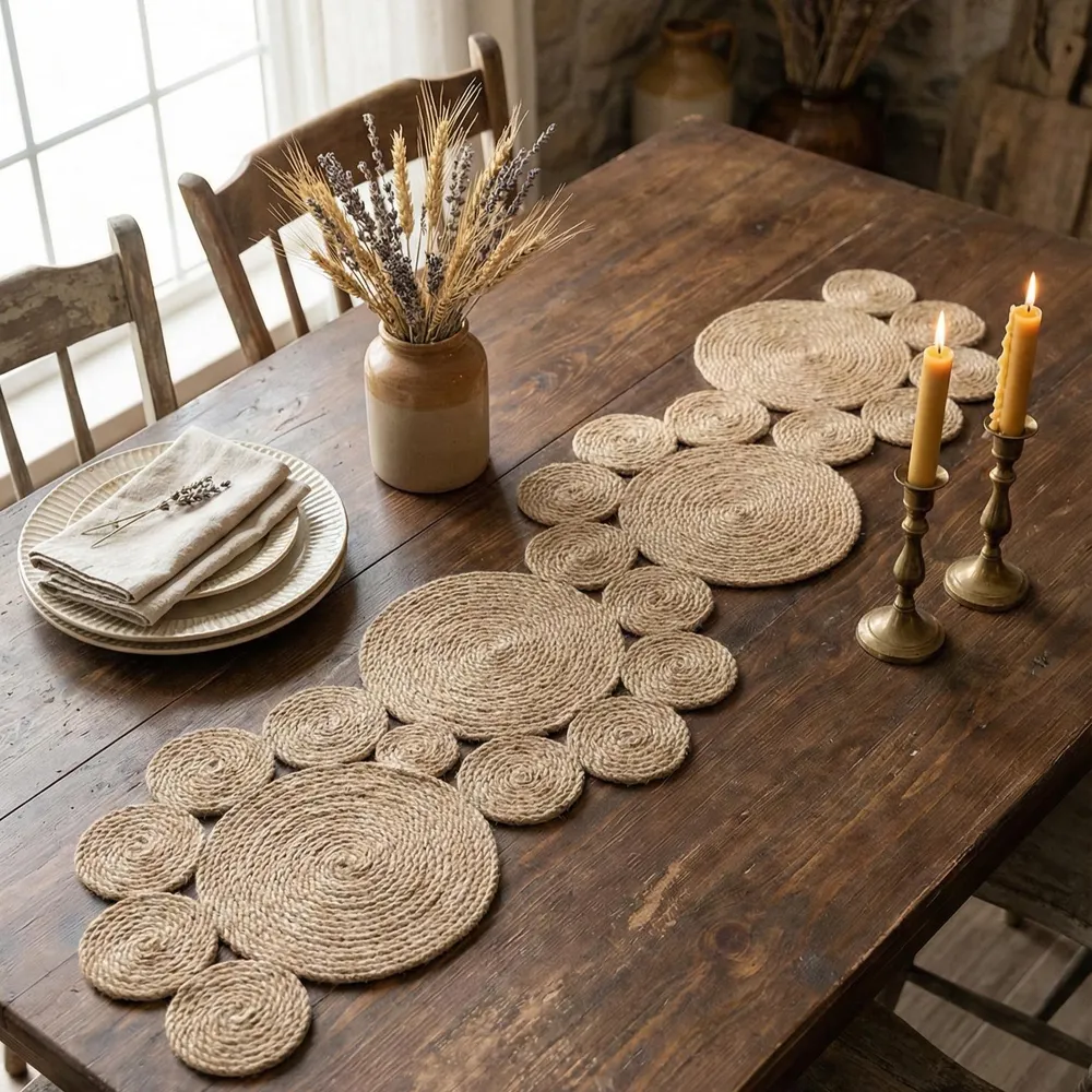 Narrow jute table runner with a coiled circle pattern on a dark wood dining table with plates and candles