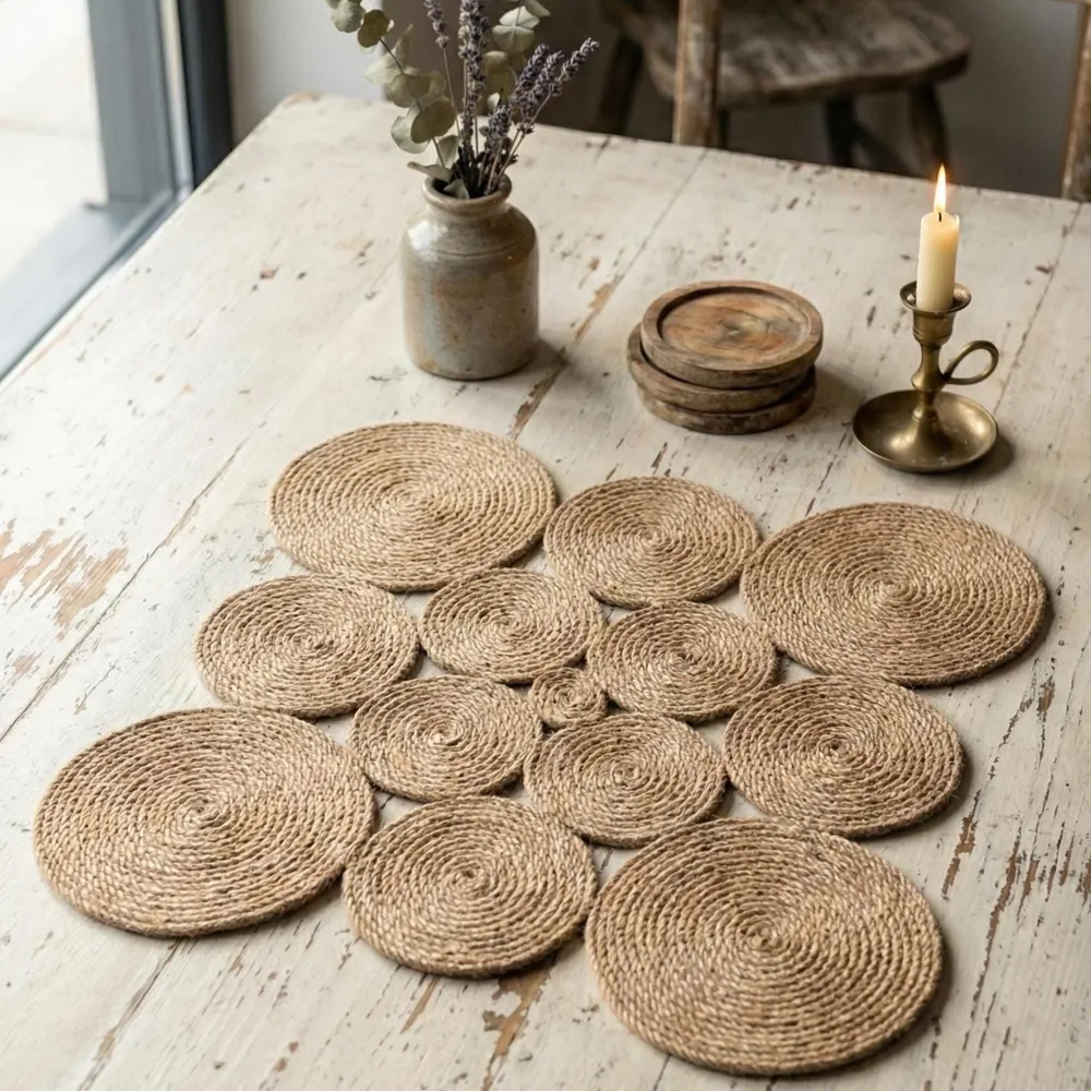 Square jute table runner made of braided coiled discs on a whitewashed table, with a stoneware vase of dried stems and a brass candlestick.