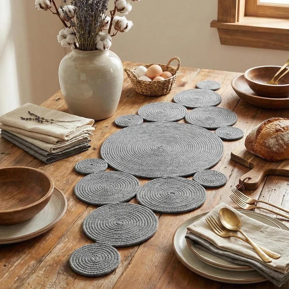 Dark grey cotton rope table runner with linked woven circles styled on a warm wood dining table beside ceramic vases and neutral tableware.