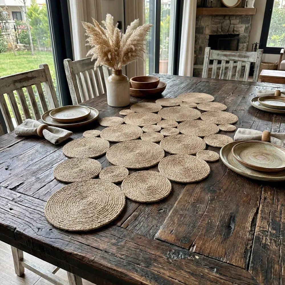 Oval jute table runner of coiled discs on a dark rustic table, with stoneware plates, wooden bowls and pampas grass in a vase.
