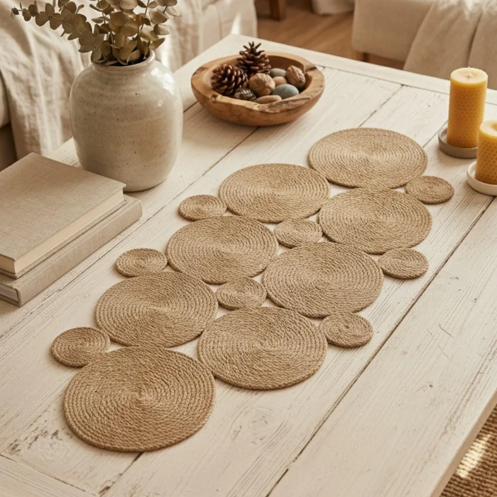Braided jute circle runner down a farmhouse kitchen table with bright white cabinets behind.