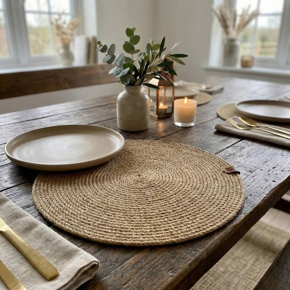 Handmade round jute placemat shown in full on a dark wood table, tight braided coil weave.