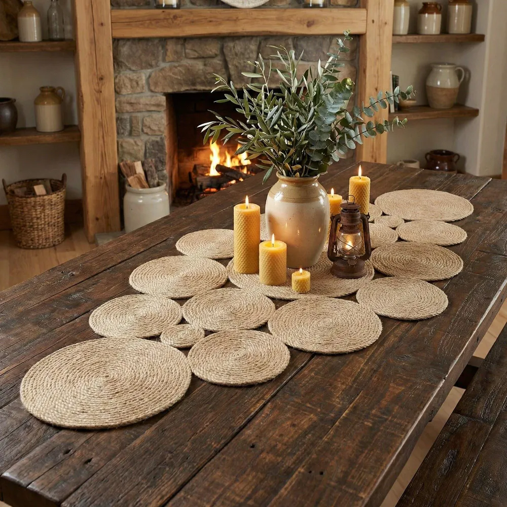Capsule shaped jute table runner of coiled discs on a rustic table, with pillar candles, an olive branch in a vase and a stone fireplace.