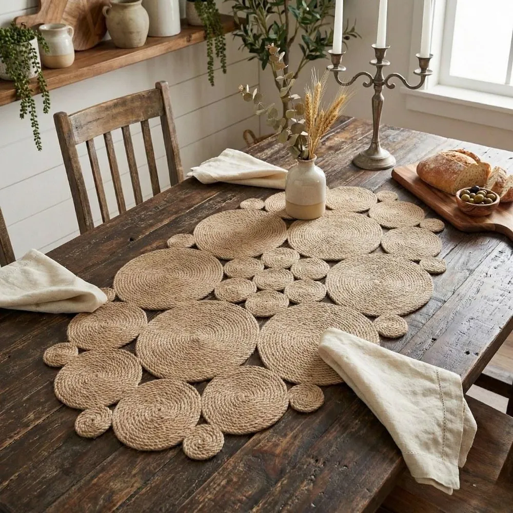 Wide oval jute centrepiece of coiled discs on a dark rustic table, with a candelabra, dried wheat, bread board and linen napkin.