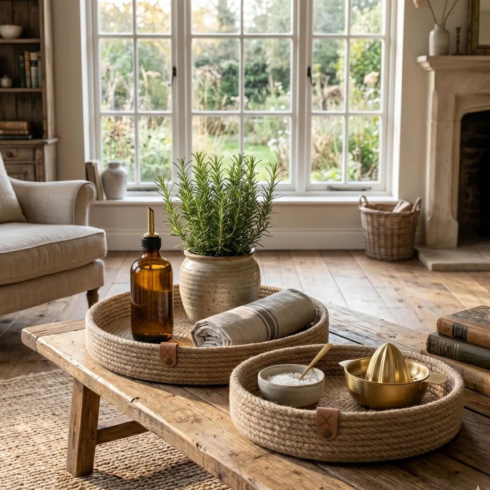 Two round coiled jute trays with small leather tabs on a wooden bench by a garden window, holding amber bottles, a potted herb, folded linen and a brass citrus reamer.