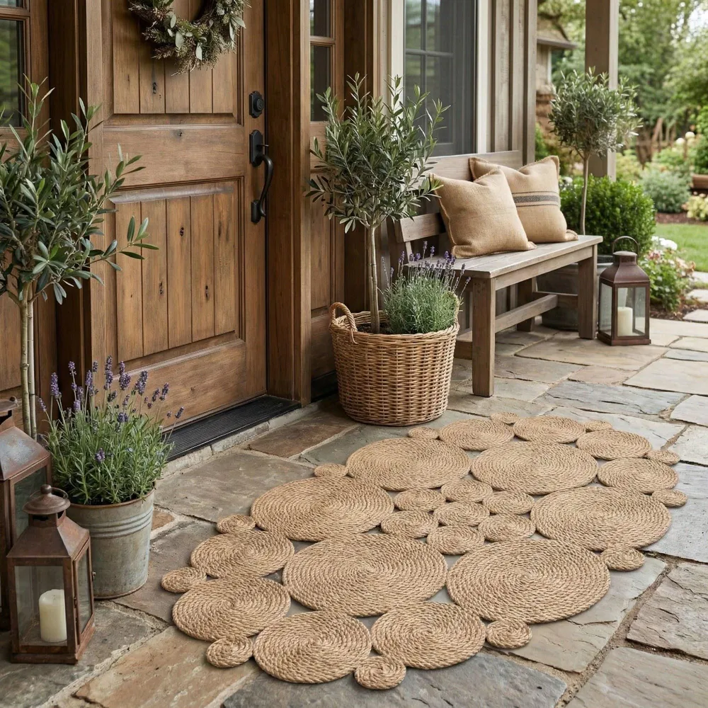Oval braided jute rug on a stone patio at a wooden front door, with lavender in pots, a bench and woven baskets.