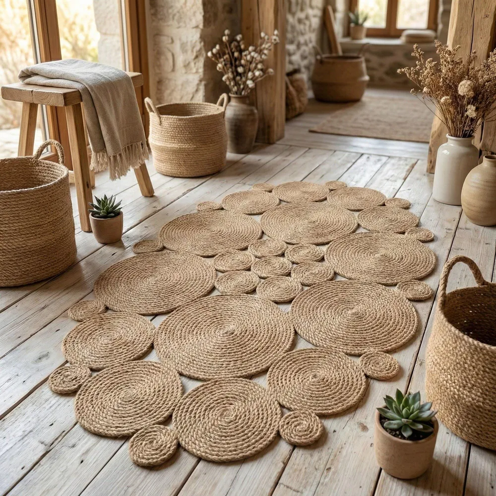Oval braided jute area rug made of coiled discs on a wooden floor in a rustic entryway, with woven baskets, dried grasses and a potted plant.
