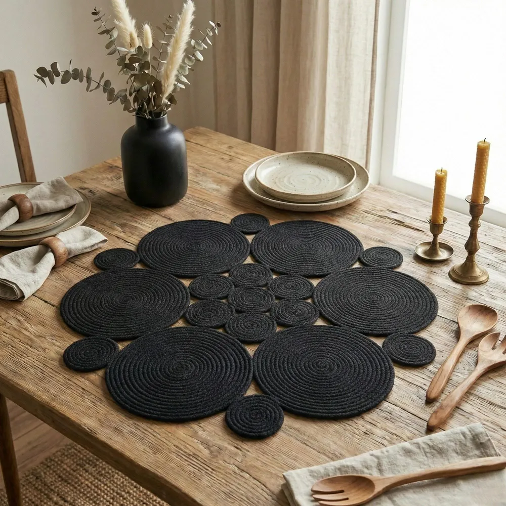 May include: Handmade Roundy model black cotton table centerpiece with a unique daisy-like geometric pattern. The floral design features a center of 7 small braided circles surrounded by larger ones. Styled on a rustic wooden dining table with a black vase and neutral plates for a striking modern farmhouse look.