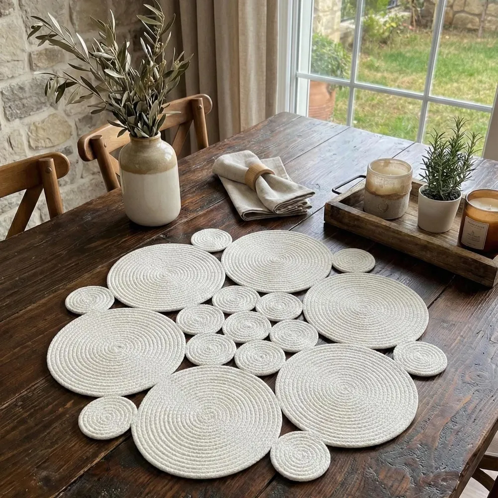 Dark wood farmhouse table with a round white cotton rope centerpiece mat, olive branches in a stoneware jug, linen napkins and candles on a wooden tray by a window