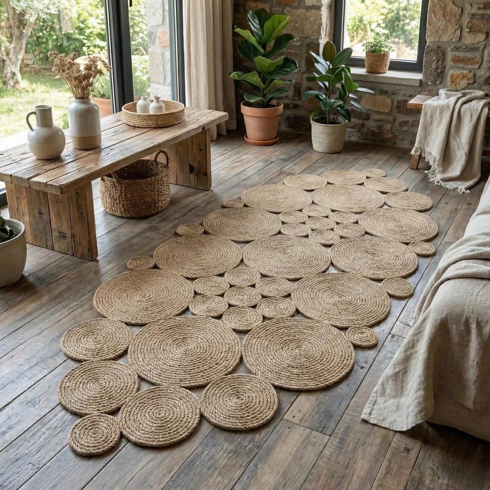 Jute rug of coiled discs in a leaf shape on wide plank flooring, with a reclaimed wood bench, stoneware jugs, a woven basket and potted plants by stone walls