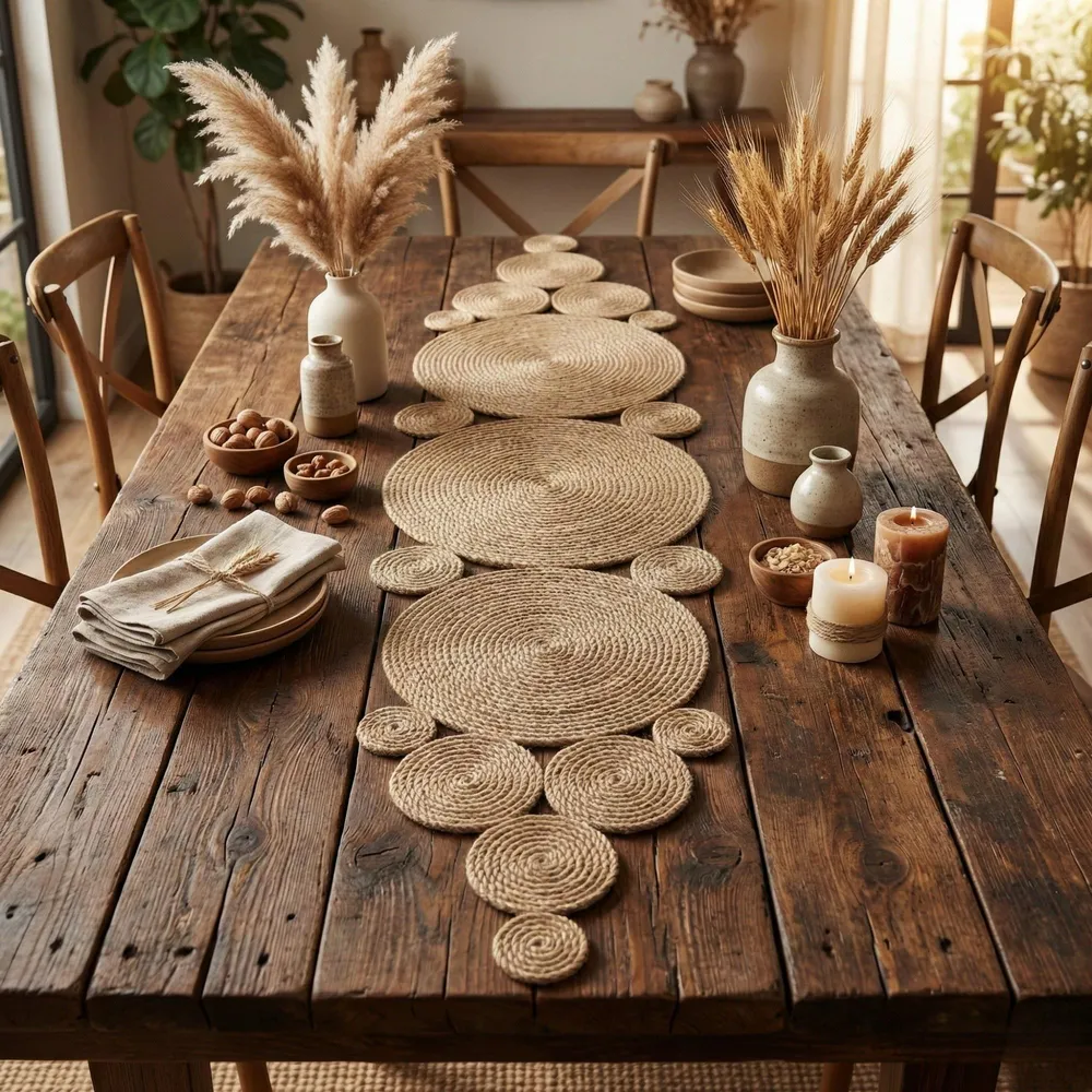 Reclaimed wood dining table set with a jute table runner of coiled discs tapering to a point, pampas grass in a cream vase, wheat stems, candles and stacked linen napkins in warm afternoon light