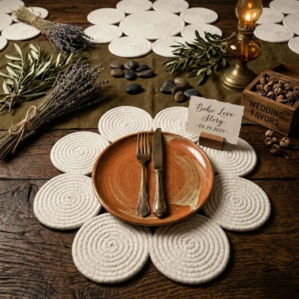 Daisy shaped ecru placemat with a terracotta plate and place card on a dark wood wedding table.