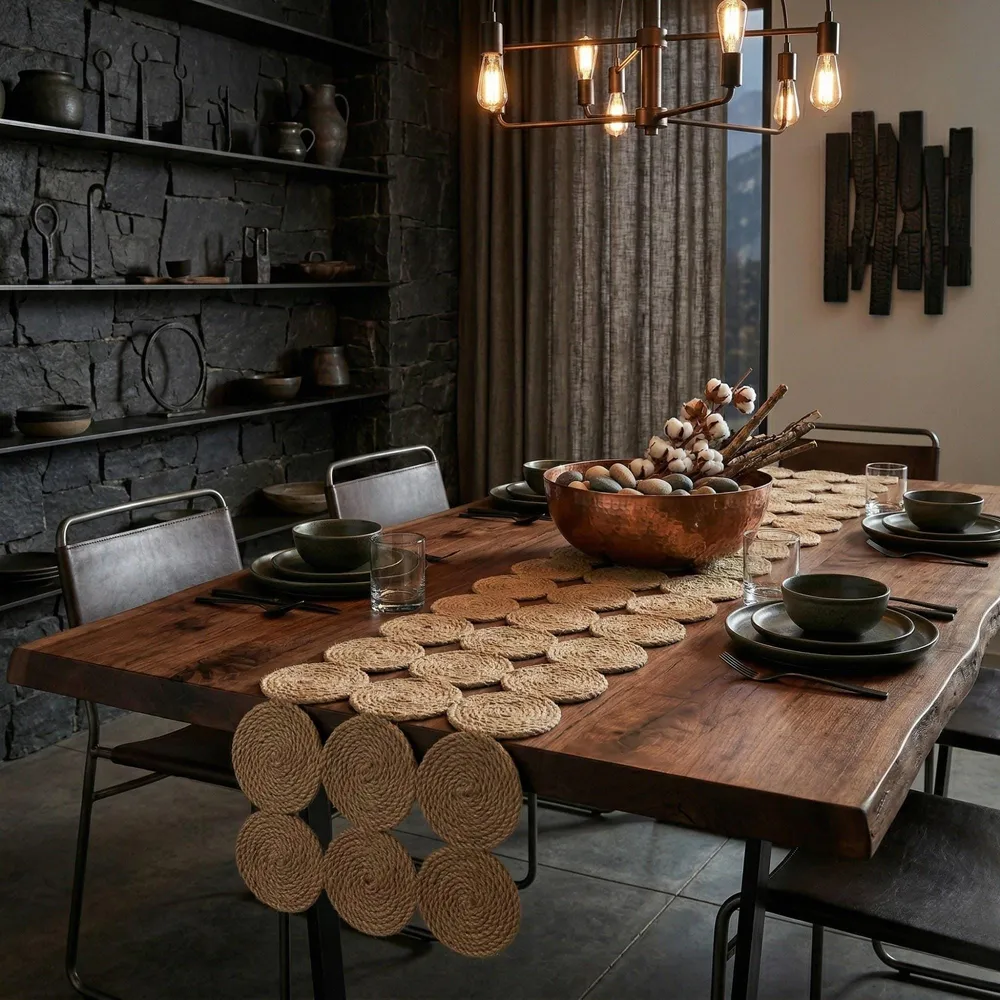 May include: Extra-long natural jute table runner draping gracefully over the edges of a farmhouse dining table.