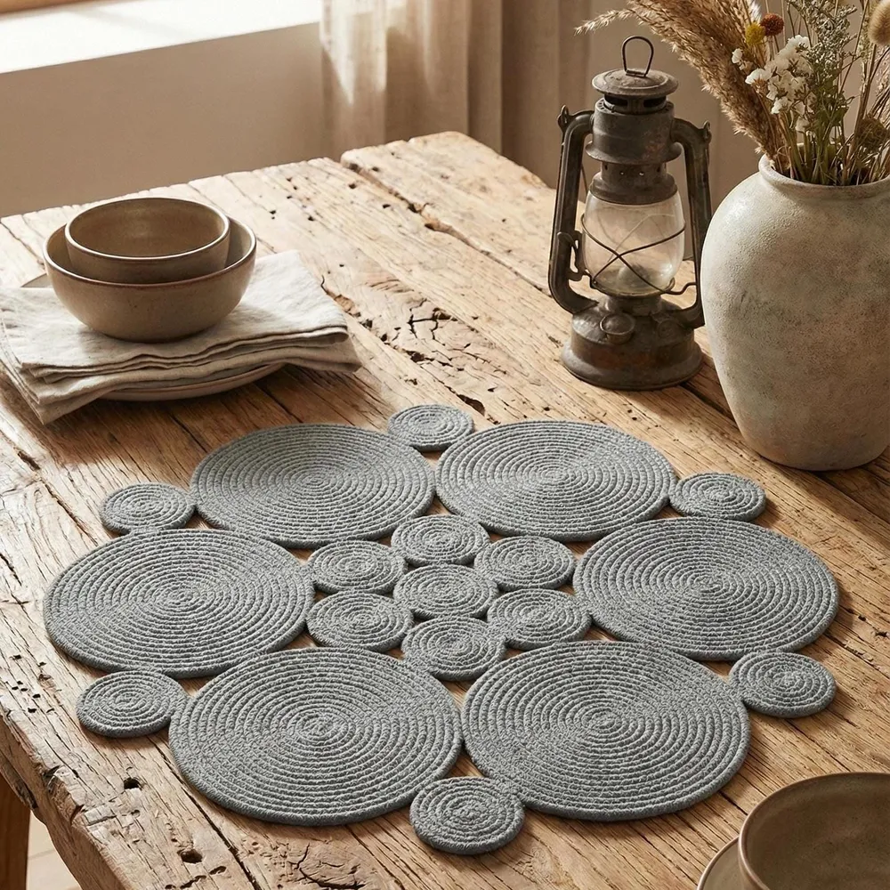 Dark grey cotton rope mat of coiled discs on a rustic wooden table, with stoneware bowls, a lantern and a linen napkin.