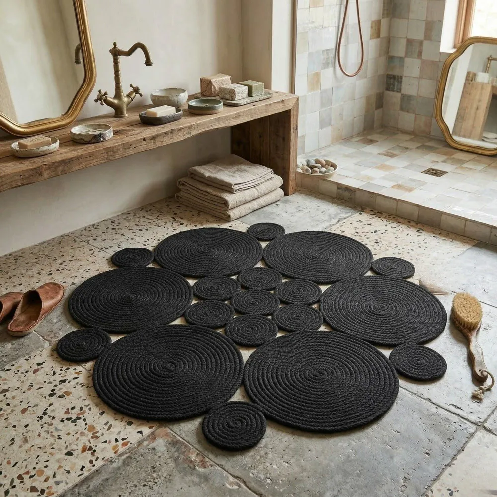 Black cotton rope rug of coiled discs on a terrazzo bathroom floor, with a wooden vanity, brass taps and a round mirror.