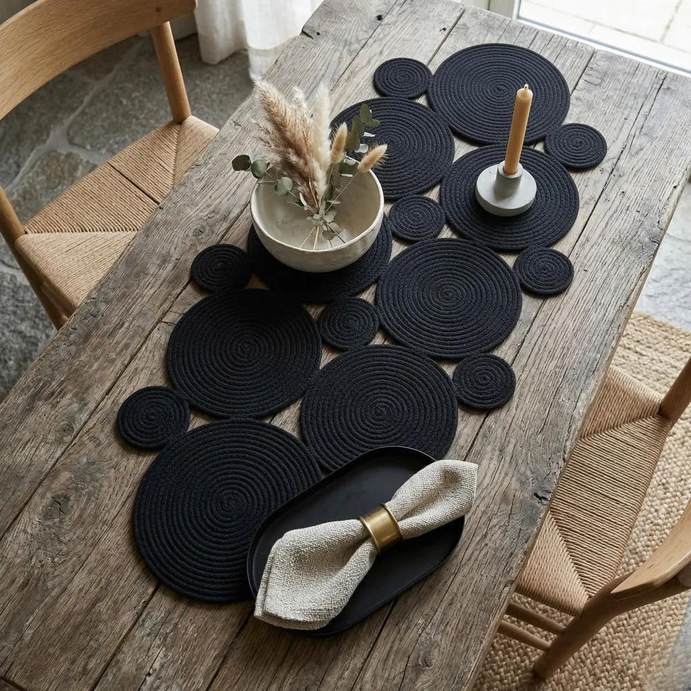 Overhead view of a black coiled cotton rope runner down a weathered grey wood table, with dried pampas and eucalyptus in a stone bowl, a candle in a pale holder, and a linen napkin in a brass ring on a black oval plate
