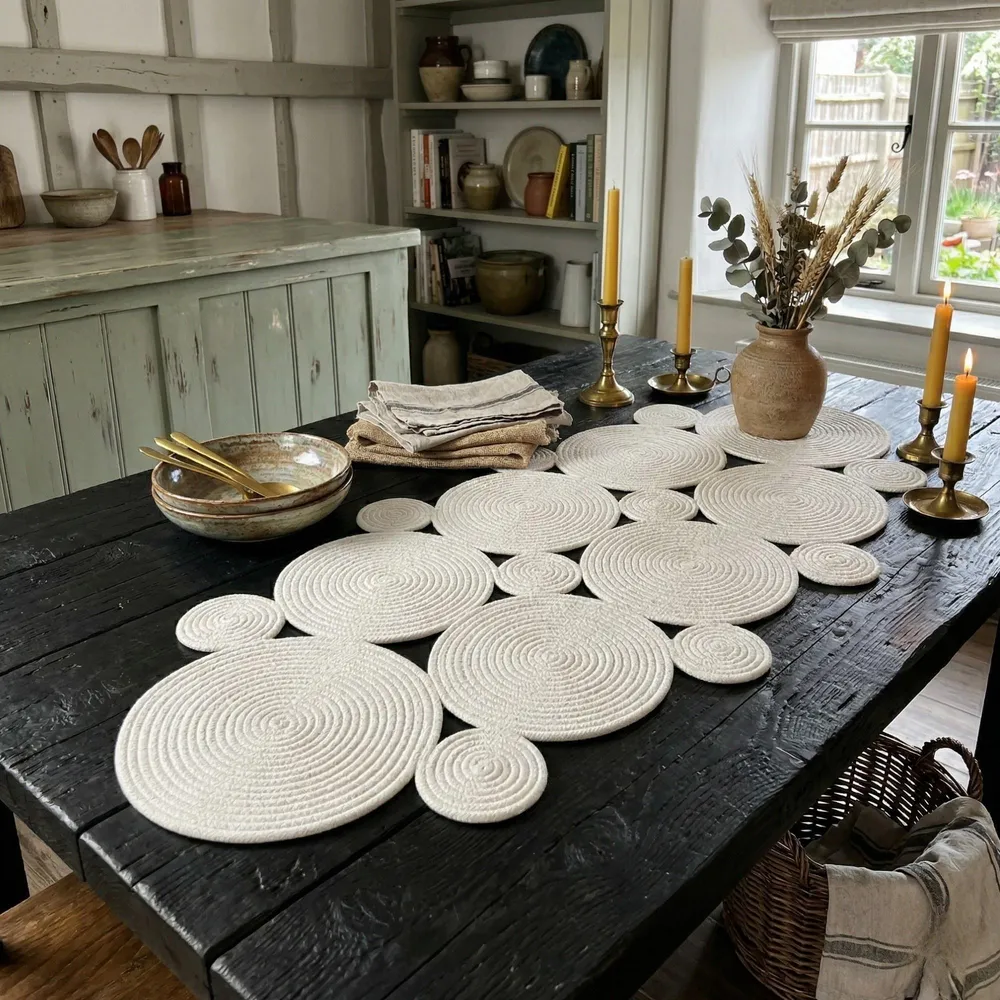 Ecru cotton rope runner of coiled discs on a dark wooden table, with stoneware bowls, candles and dried stems.