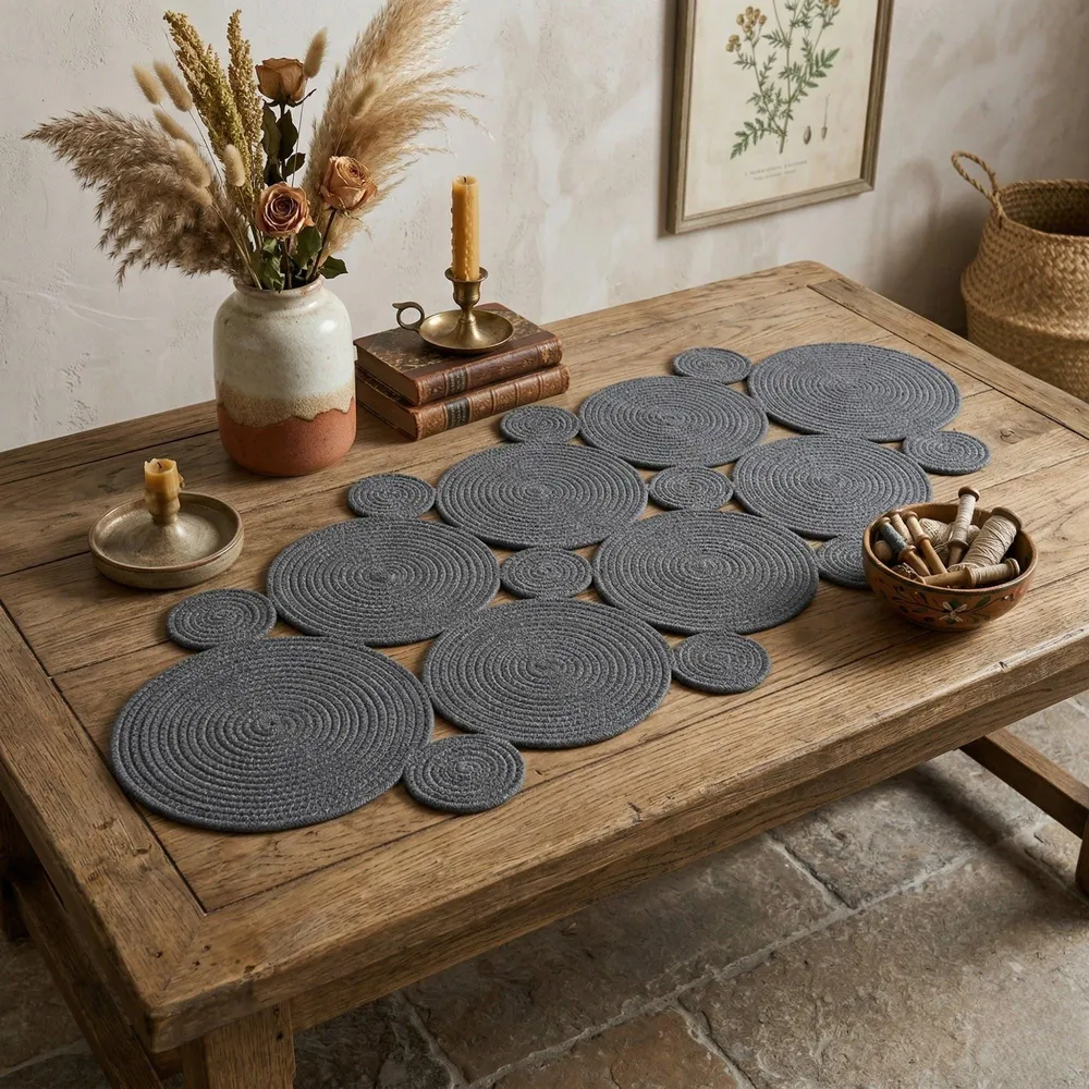 Charcoal grey cotton rope runner of coiled discs on a rustic table, with pampas grass in a vase and brass candlesticks.