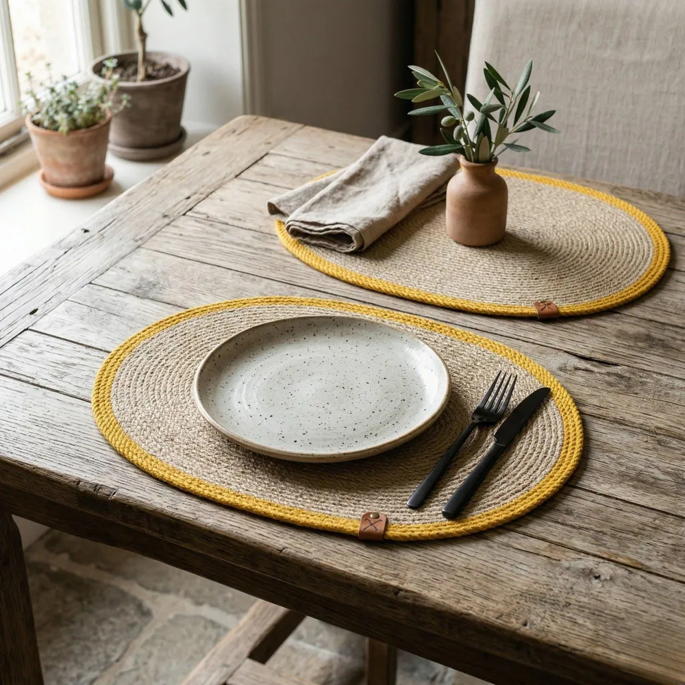 Oval jute placemat with mustard yellow border under a white plate and linen napkin on a wooden dining table.