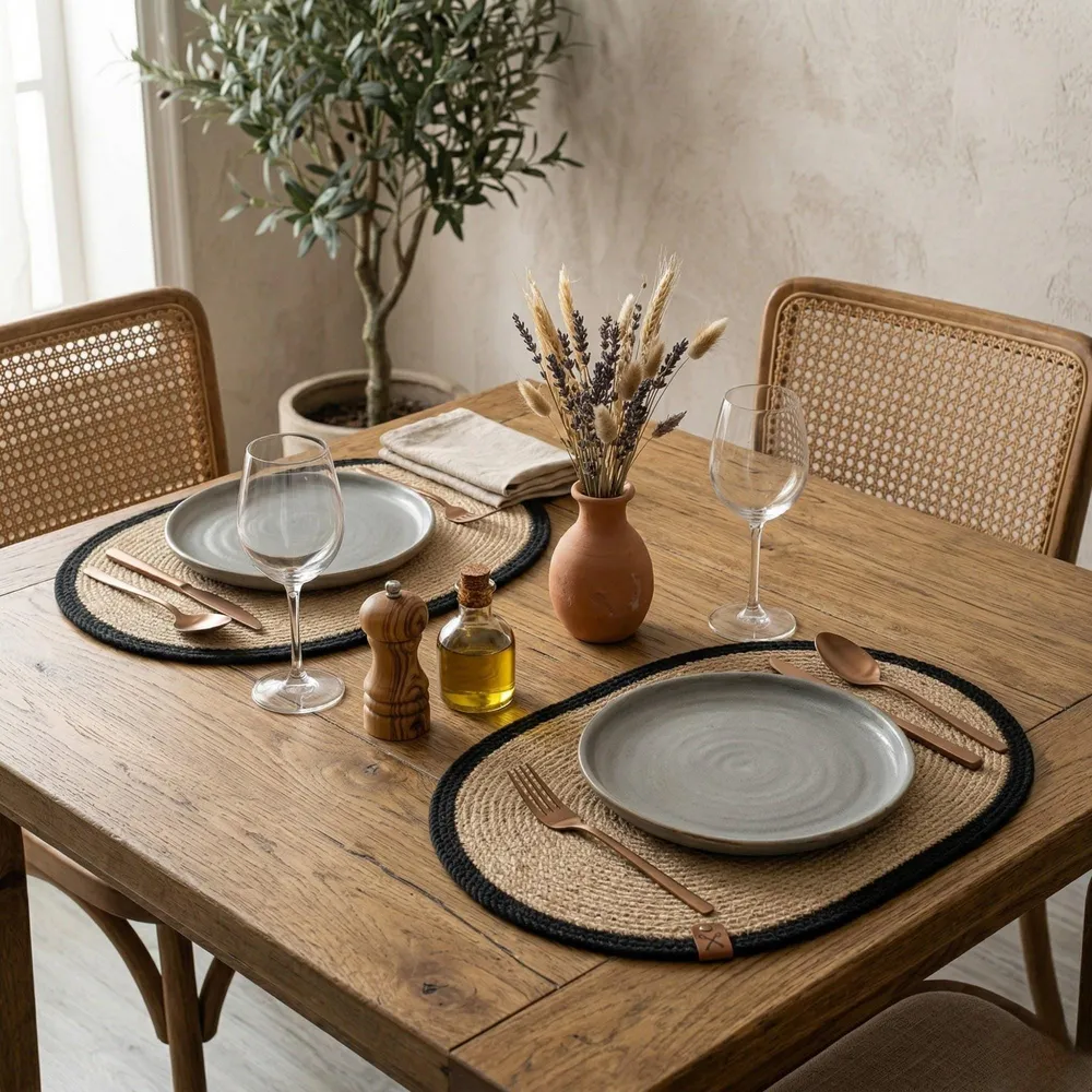 Oval jute placemat with black stripe under a grey blue plate on a warm wood dining table with a small bud vase.