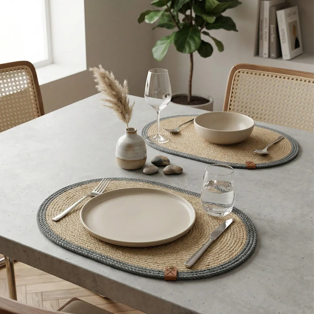 Oval jute placemat with grey border under a cream plate on a white marble table, Scandi dining style.
