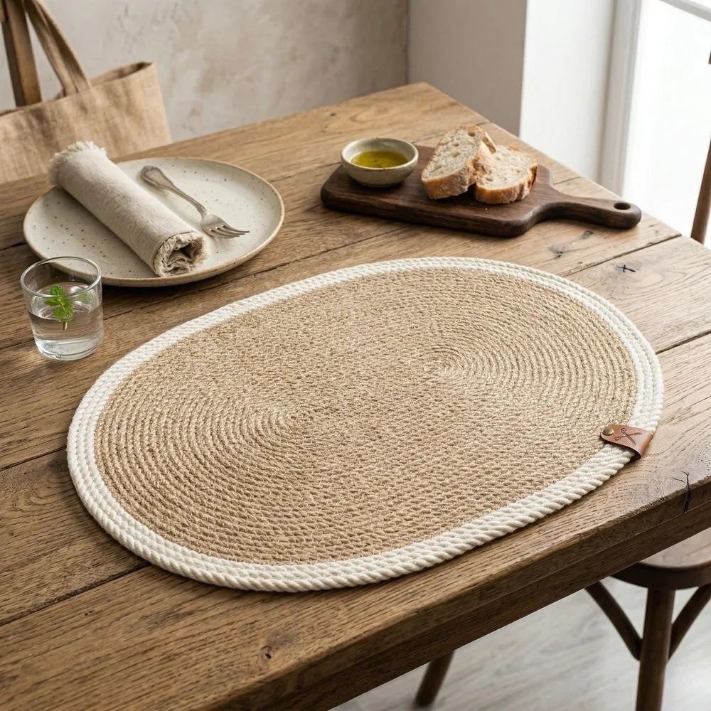 Dining table set with cream border jute placemats and white plates in a warm farmhouse room.