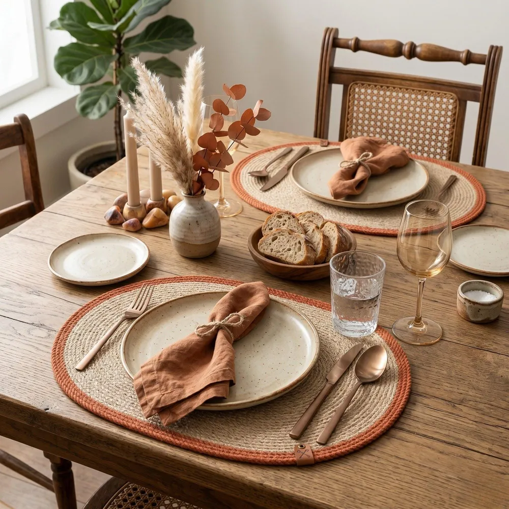 A table set with oval jute placemats with a terracotta border, napkins and glasses