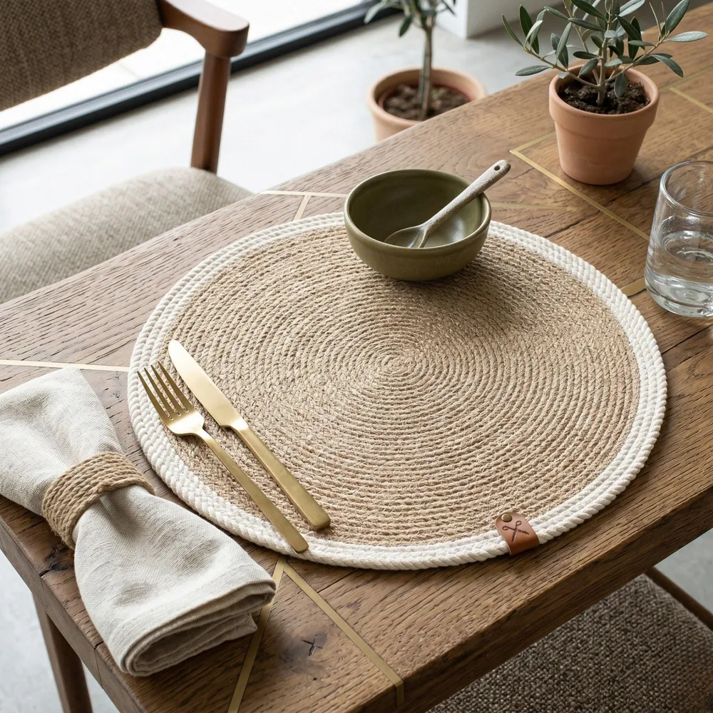 Round jute placemat with white stripe shown in full on a dark wood table with a green bowl and potted plant.