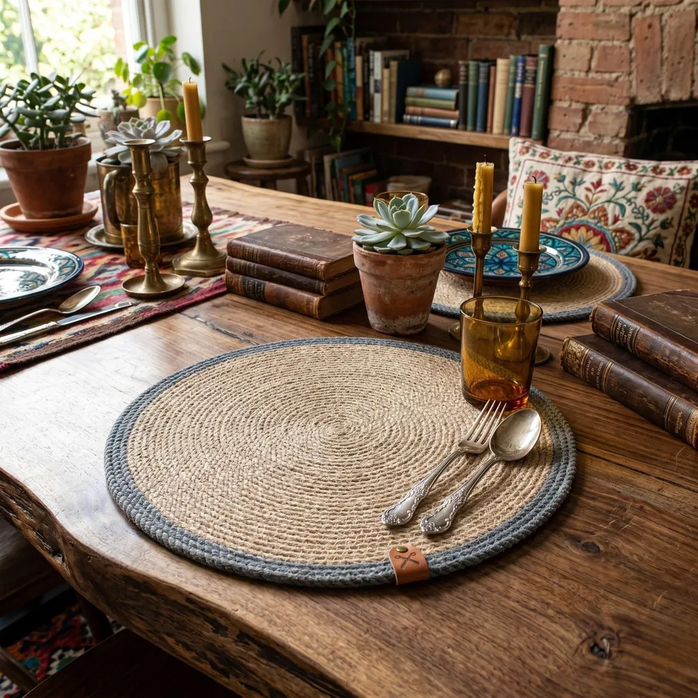 Set of grey stripe round placemats on a wooden table with plates and glassware, green houseplants softening the corner.