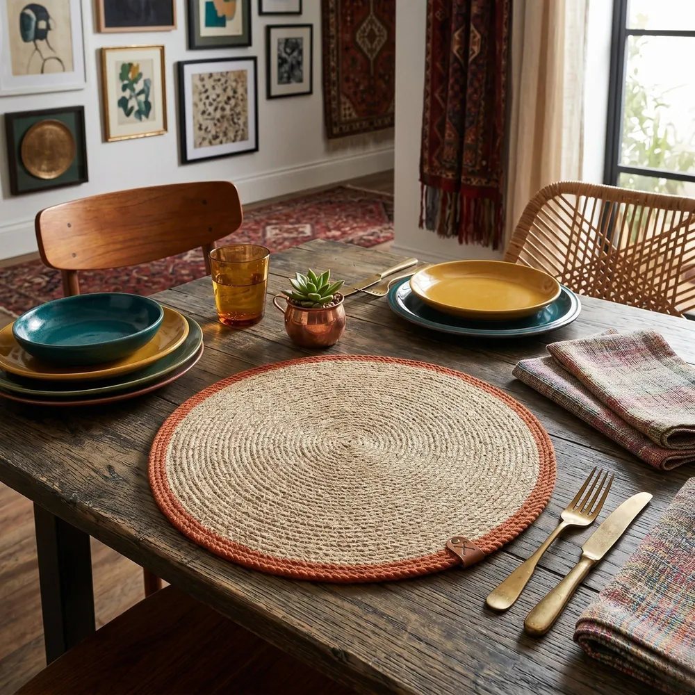 Round jute placemat with terracotta stripe shown open on a dark wood table beside stacked teal and yellow plates.