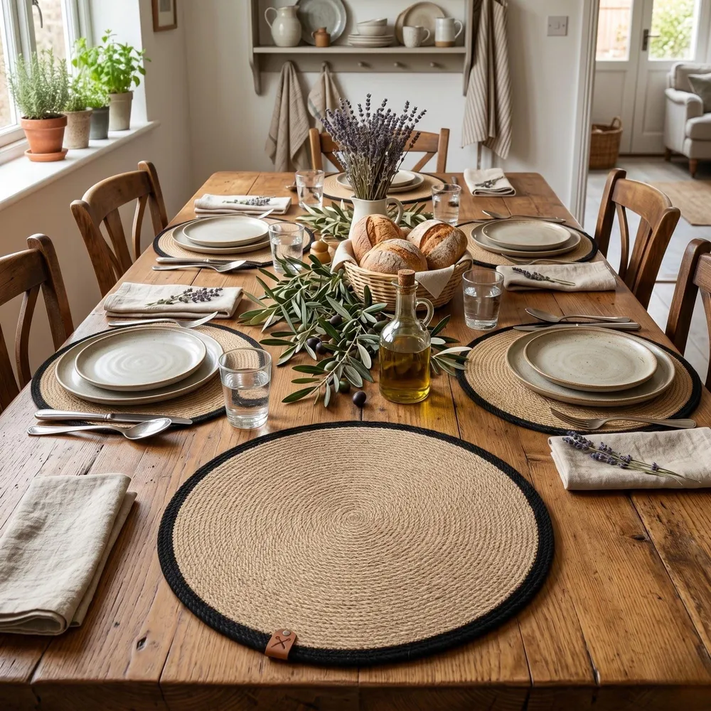 Round jute placemat with black trim under a cream plate on a light wood table with a flower stem.