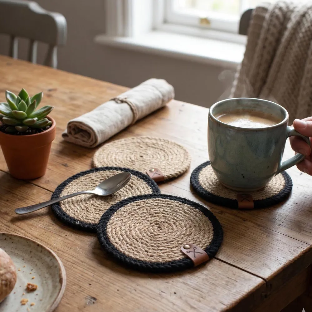 Oversized jute coaster with black rope trim and a leather tab on a wooden dining table, under a stoneware mug with a spoon and linen napkin.