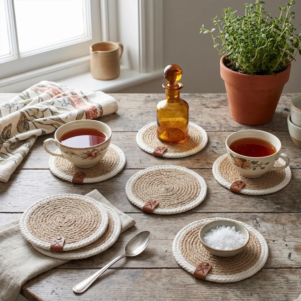 May include: A set of round coasters made from coiled natural jute rope with a thick white rope border. Each coaster features a small brown leather tab embossed with a scissors icon. The coasters are arranged on a wooden surface with tea cups.