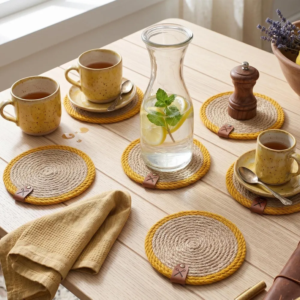 Handmade 13cm round natural jute coaster set featuring a vibrant mustard yellow cotton rope border and signature leather tag. These fringeless, hand-stitched mats are displayed on a rustic wooden table, perfect as an organic modern drink coaster, candle pad, or succulent plant mat. The natural golden jute and mustard yellow contrast creates a warm, earthy atmosphere, highlighting the premium craftsmanship and eco-friendly materials used in these versatile home decor accents.