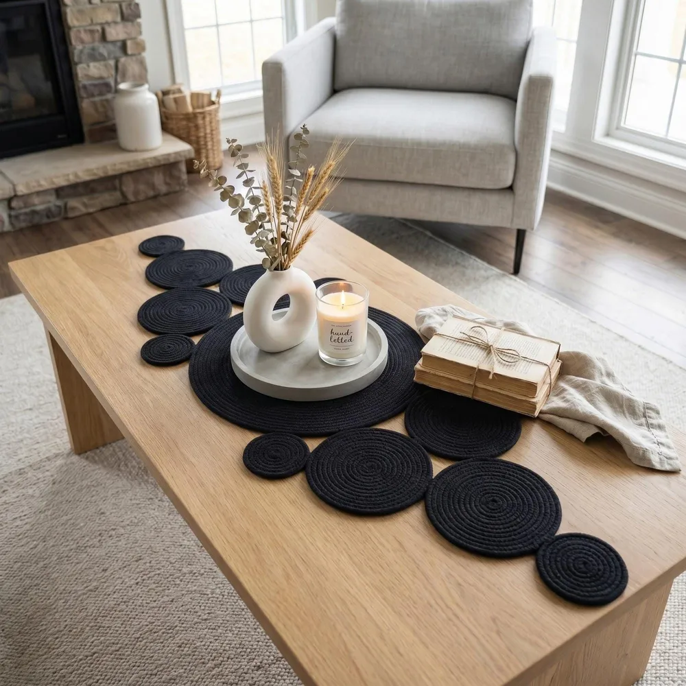 Handmade black jute rope table runner arranged as a modern centerpiece on a light stone coffee table. The design features multiple connected circular elements in varying sizes, styled with a white vase, candle, books, and a beige accent chair in a bright contemporary living room.
