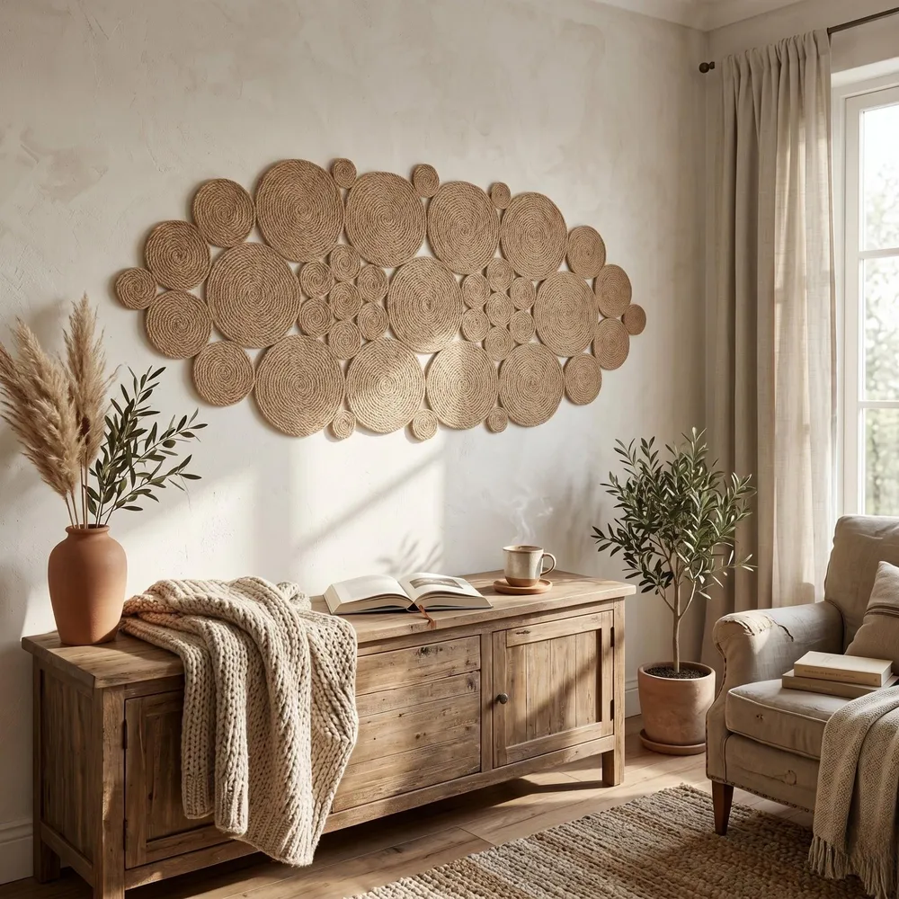 Handmade large jute wall art featuring a woven rope mandala design, displayed above a wooden console in a minimalist boho room. This piece showcases natural textured jute, organic farmhouse style, and professional decor. Ideal for living rooms, entryways, or as a statement wall sculpture. This durable, hand-stitched sustainable jute art adds warmth, earthy tones, and a sophisticated boho-chic touch to any interior, blending seamlessly with rustic and Scandinavian themes