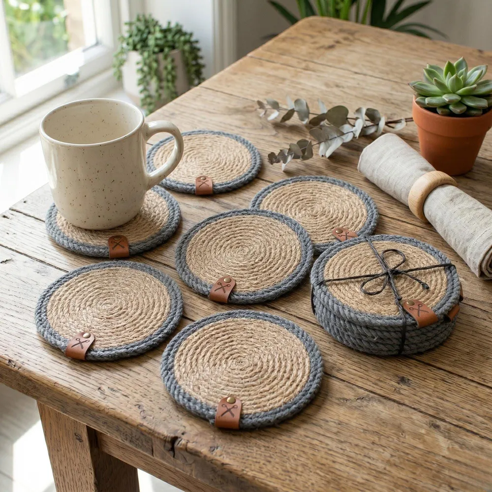 Set of 6 handmade round jute drink coasters featuring a decorative grey rope border and a small leather tag, arranged on a rustic wooden dining table alongside a ceramic coffee mug and linen napkins. The coasters showcase a natural textured jute center and a sophisticated modern farmhouse aesthetic, perfect for minimalist and boho interior decor. These eco-friendly rope drink mats are durable, hand-stitched, and ideal for protecting furniture in style.