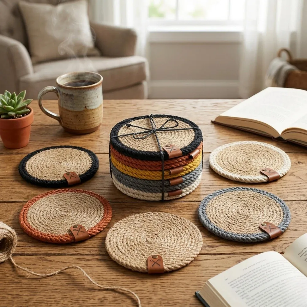 Set of 6 handmade round jute coasters featuring mixed earth-tone borders in black, mustard, terracotta, grey, ecru, and plain natural jute. Arranged on a rustic wooden coffee table with a mug and a plant in a cozy boho living room. Each oversized drink mat has a sleek fringeless design and a small leather tag. Perfect for protecting furniture while adding a colorful, eco-friendly touch to farmhouse or minimalist decor. A beautiful housewarming gift