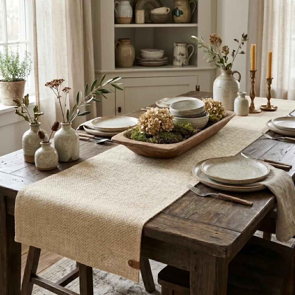 Premium tightly woven natural jute table runner on a rustic wooden dining table. Crafted from an exclusive, heavyweight jute fabric with perfectly straight, fringeless edges and a signature leather tag. Styled with modern ceramics. This high-end, eco-friendly table linen perfectly complements modern farmhouse, minimalist, and boho decor while protecting large dining surfaces.