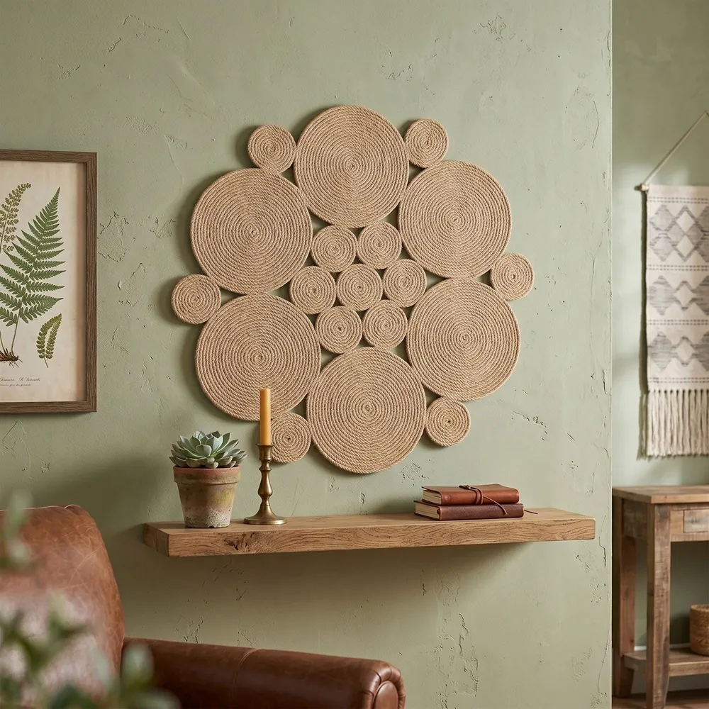 Scalloped organic edge jute wall hanging mounted on a white brick wall in a cozy modern farmhouse setting.