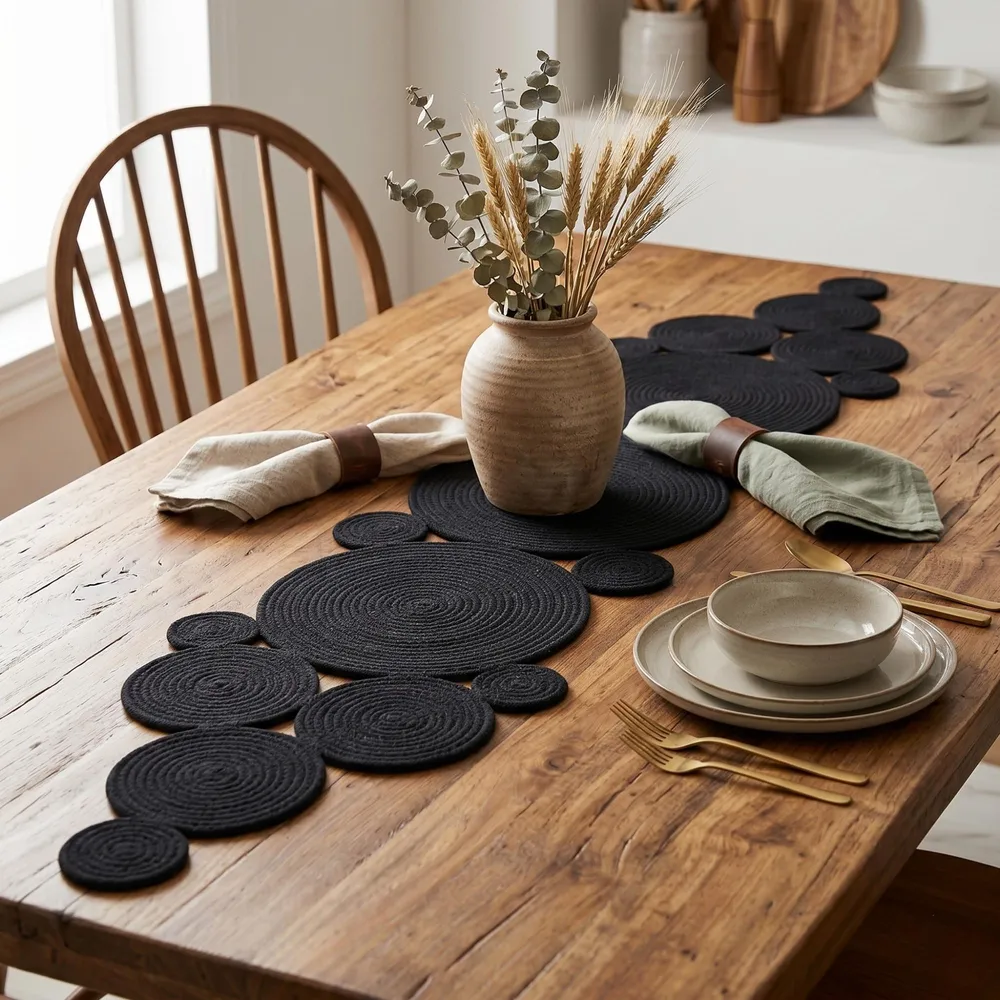 Oversized black cotton rope table runner with a hand-sewn, geometric pattern of interconnected circles creating a scalloped edge. Made from 100% premium black cotton rope without glue, acting as a textured centerpiece on a rustic wooden dining table. Pictured with dried eucalyptus in a ceramic vase, white ceramic plates, and gold cutlery. Perfect modern minimalist or Japandi home decor accent.